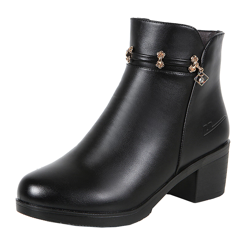 Warrior Mom Shoes Winter Middle-aged Women's Fleece-lined Warm Short Boots Mid-heel Non-slip Leather Cotton Shoes 0874 Black Size 37