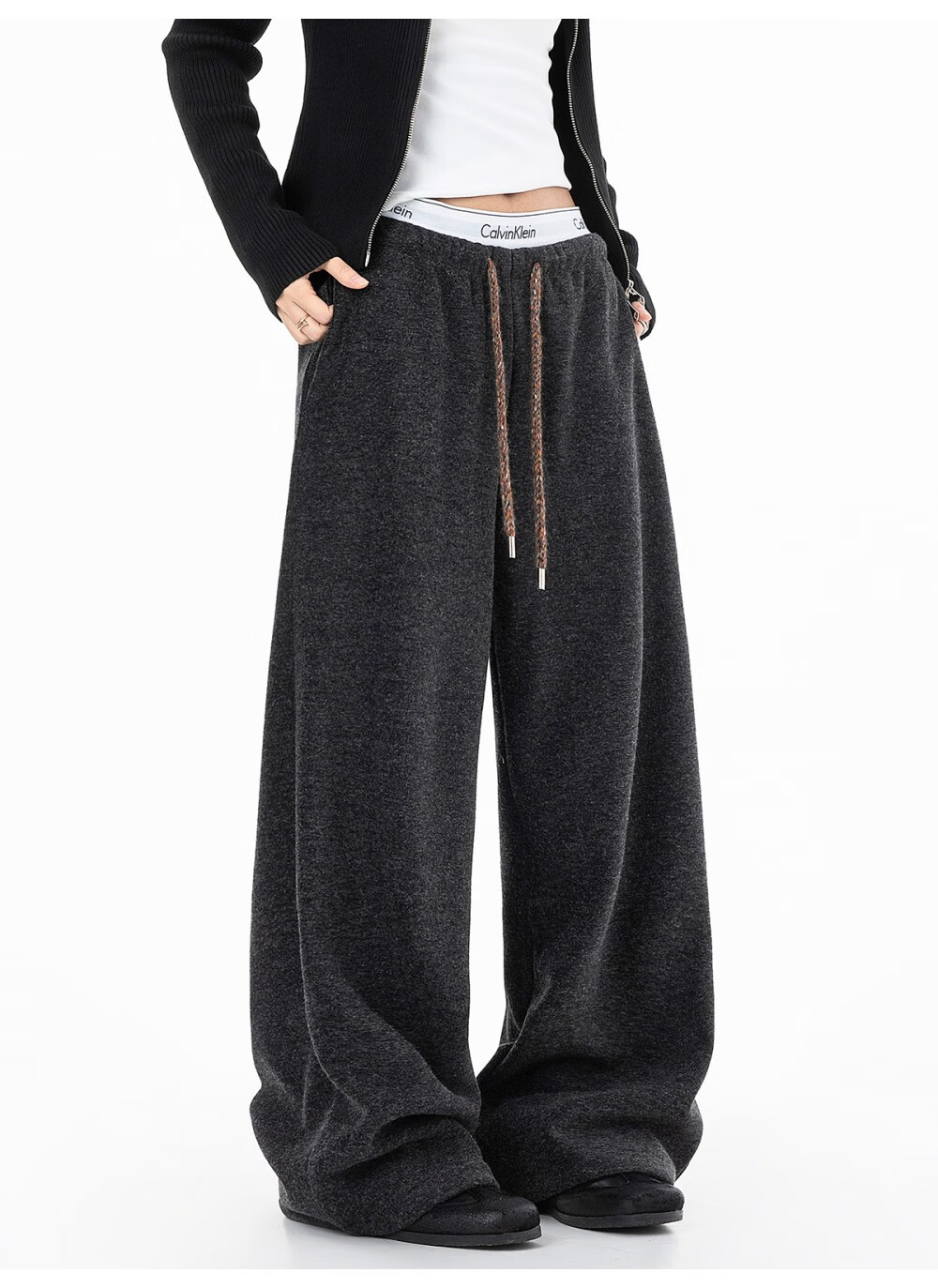 ICH MODE Women's American Style Fleece-Lined Casual Loose Fit Lazy Straight Wide-Leg Sports Pants Thickened Sweatpants Glutinous Rice Color XL 5