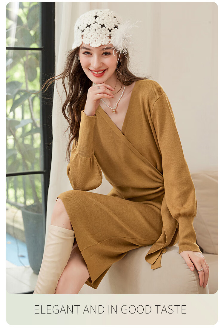 LOUISYAO Spring Autumn V-Neck Tie Design Slim Fit Slightly Stretchy Mid-Length Elegant Knit Dress Dark Coffee S 5