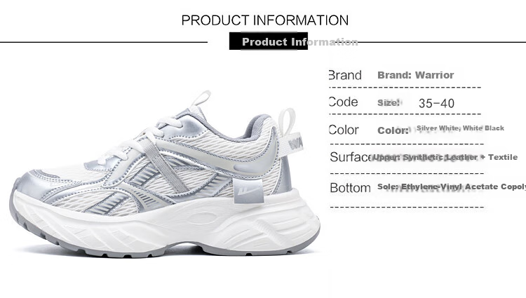 Warrior Dad Shoes for Women, Mesh Sports Shoes, Versatile Women's Shoes, Silver Casual Shoes, WXY(ZA)-4916, White And Black, Size 39 2