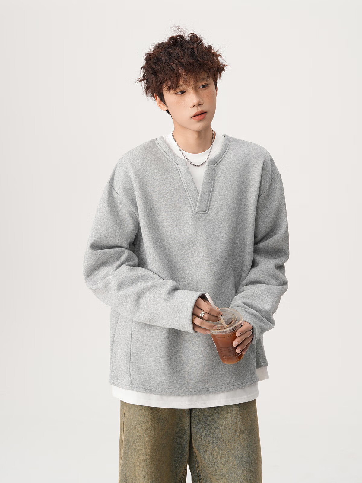 Foss Phil Men's Fake Two-Piece Long Sleeve Sweatshirt Autumn Winter Loose Fit Basic T-Shirt HT25764 Black 3XL 6