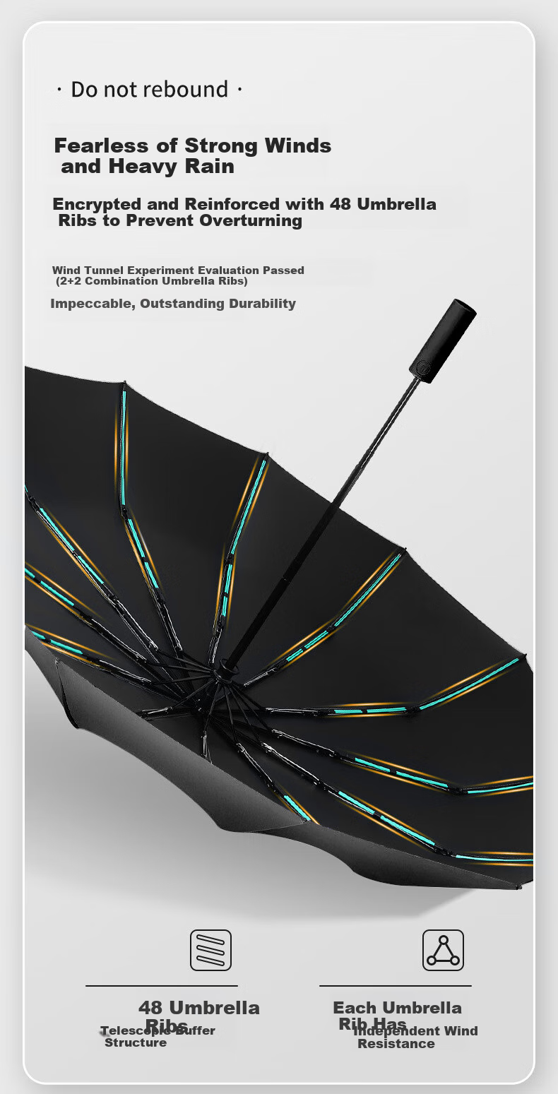 Maoli Fully Automatic Umbrella, 48-Rib Black Rubber Impact Fabric, Reinforced Windproof Folding Umbrella, Sunshade And Parasol 2