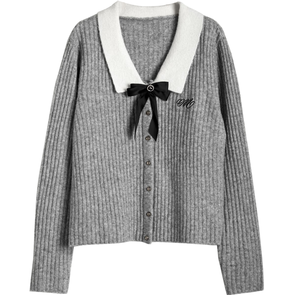 Olrain Eurielle Lapel Bow Sweater Women's Autumn Pullover Top Gray (Second Batch) XL