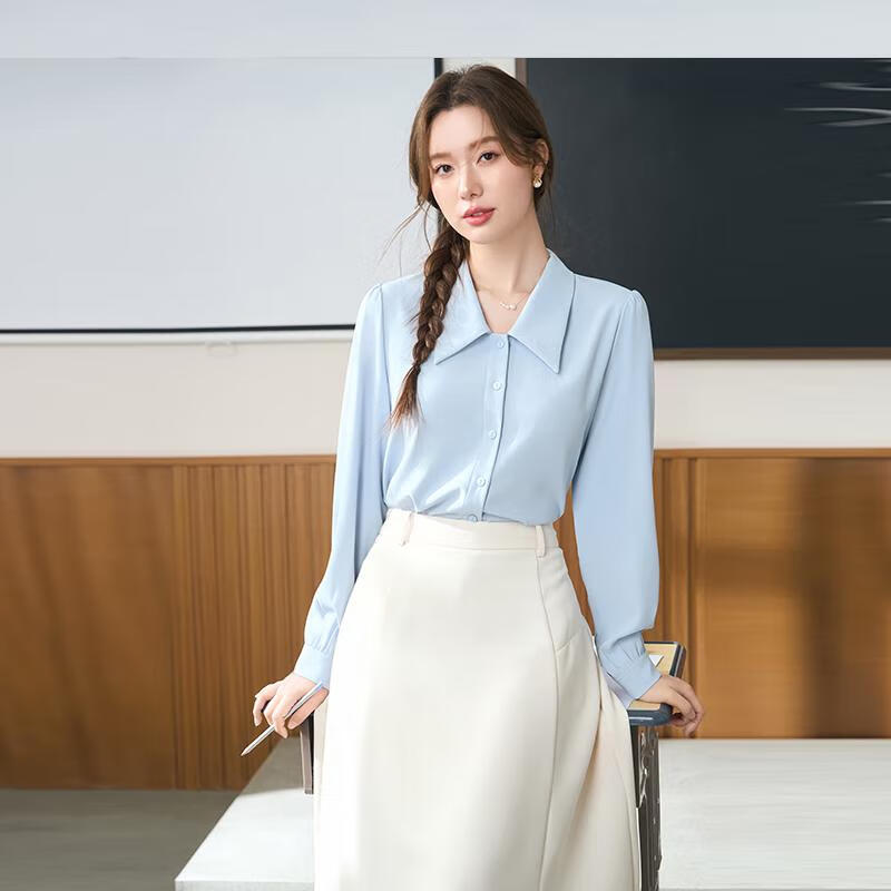 Bodexiaojie Blue V-Neck Commuter Blouse for Women, Wrinkle-Resistant Professional Formal Wear Chiffon Shirt for Interviews