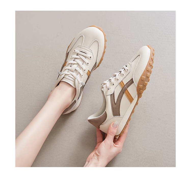 ZHR Casual Shoes for Women, Trendy Comfortable Lightweight Women's Shoes, Genuine Leather Color-Block Soft-Soled Sneakers for Women A113 Beige-Green Size 37 19