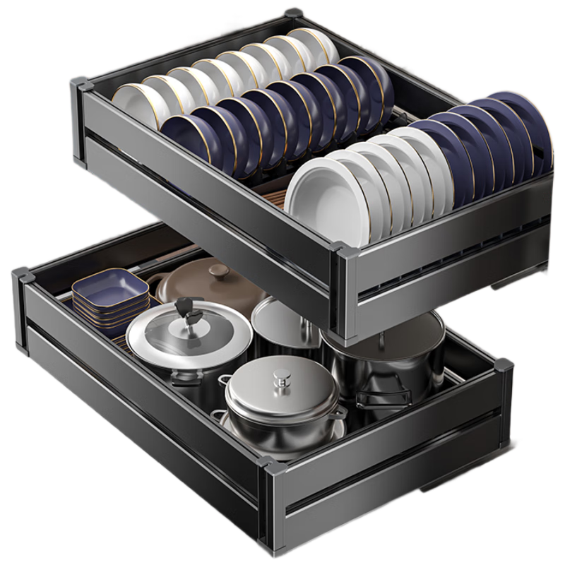 Sijimuge Pull-Out Double-Layer Aluminum Alloy Deepened and Heightened Kitchen Cabinet Drawer Basket Spice Rack
