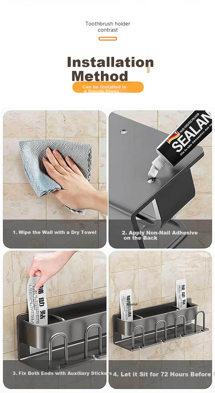 Jiabangshou Toothbrush Holder, No Drilling Required, Mouthwash Cup Wall-Mounted Toothbrush Rack Storage Shelf, Bathroom Toothbrush Cup Holder, Four Cups 13