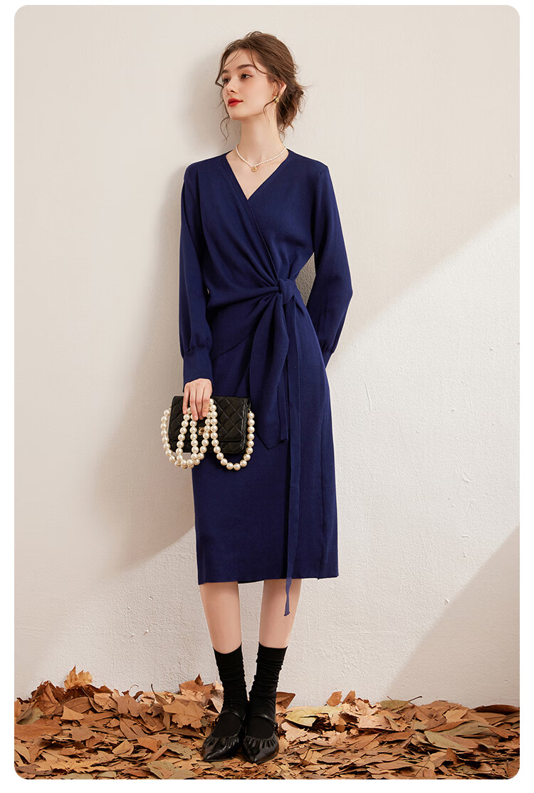 LOUISYAO Spring Autumn V-Neck Tie Design Slim Fit Slightly Stretchy Mid-Length Elegant Knit Dress Dark Coffee S 3