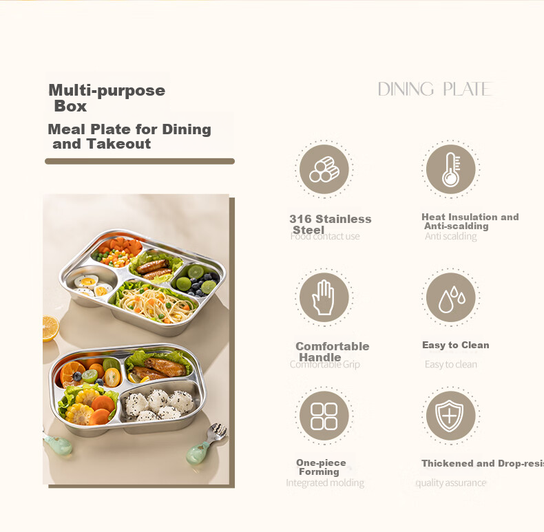 Guangyi 316 Stainless Steel Children's Divided Plate, Baby Home Use Four-Compartment Plate for Girls, Kindergarten Tableware GY1376 1