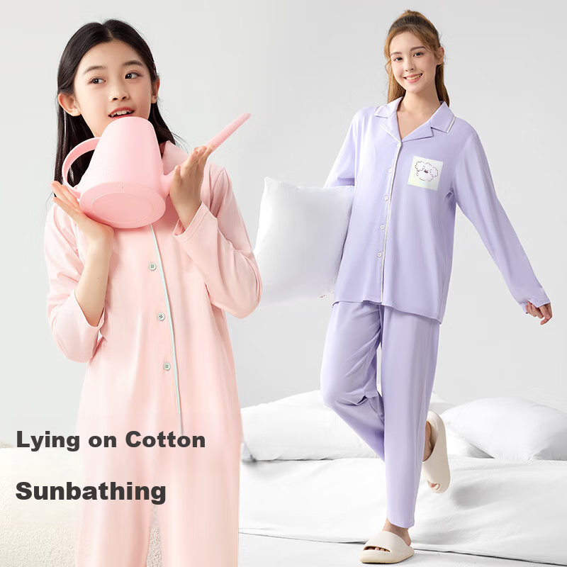 Jiusuiban [Miiichan Collaboration] Girls' Cotton Pajamas for Spring And Summer, Open-Front Loungewear Set with Moisture-Wicking Properties