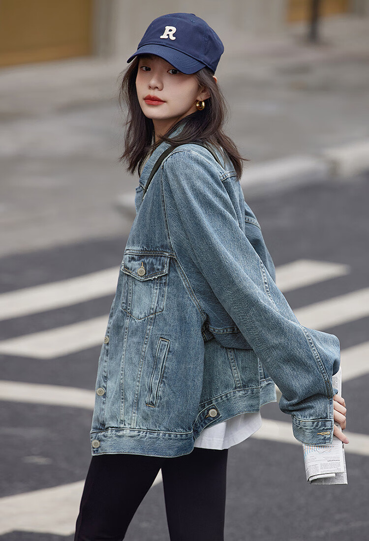 Dme [Danning Jiini] Spring And Autumn Vintage Commuter Distressed Lapel Loose-Fitting Petite Elegant Women's Denim Jacket 1