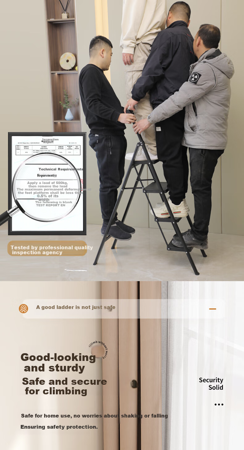 Cenggao Folding Ladder for Home Use, A-Frame with Handrails, Thickened Carbon Steel, Widened Steps, Yadian Black, Five Steps, Export Quality 1