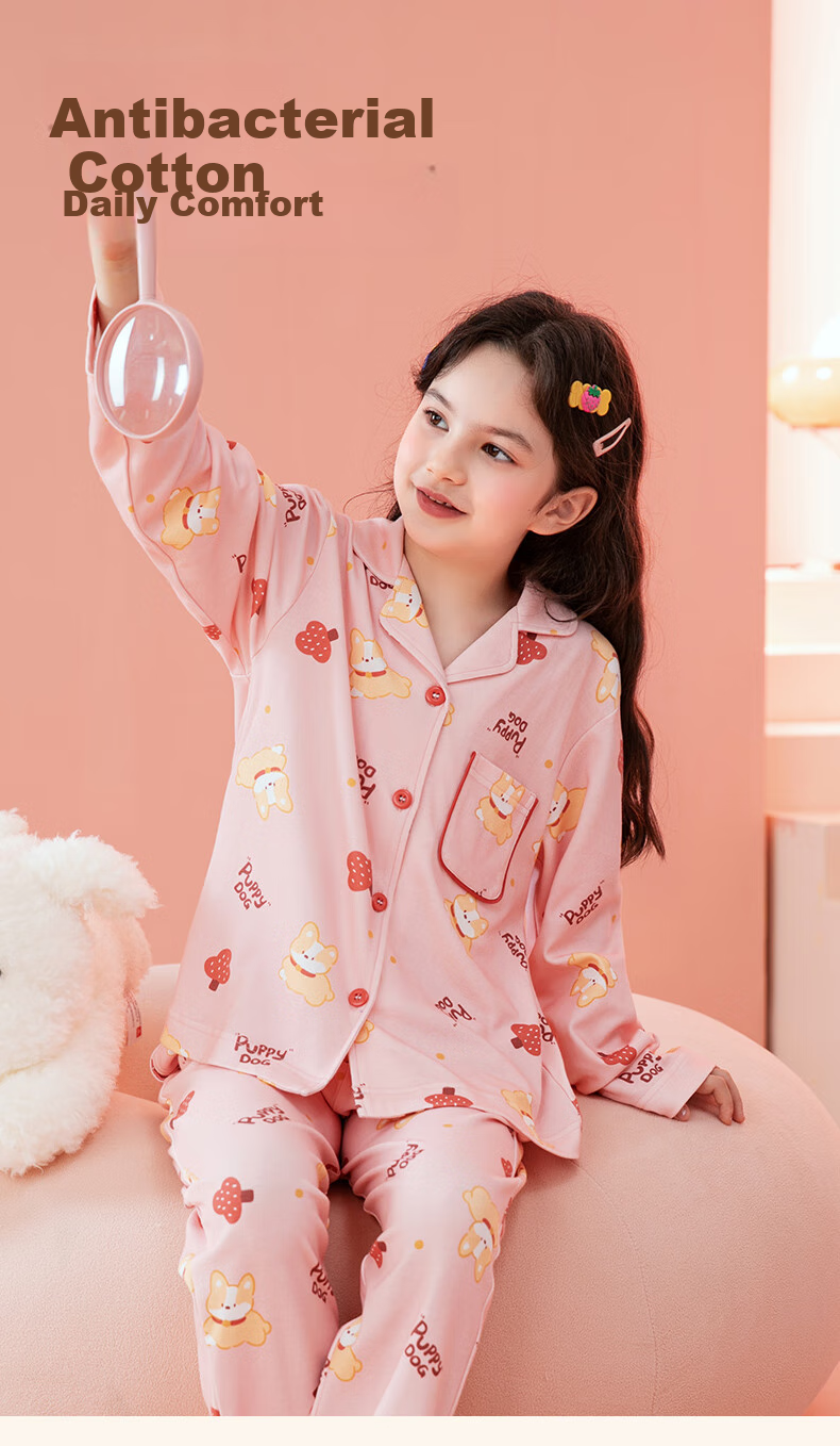 Fenteng Children's Pajamas for Girls, Antibacterial Pure Cotton Spring Cartoon Long-Sleeve Sleepwear for Older Kids 1