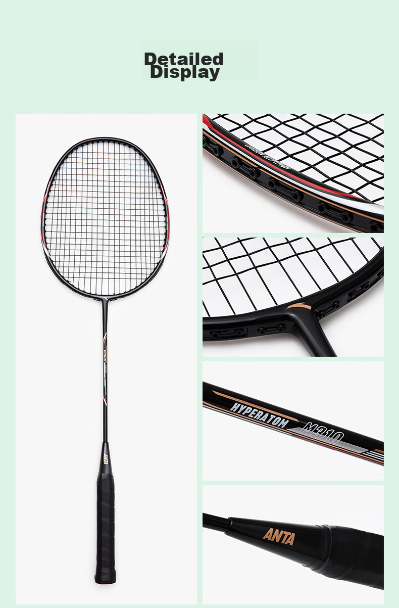 ANTA Badminton Racket Single Racket Ultra-Light Carbon Fiber for Men And Women, Versatile for Attack And Defense, Single Racket Red And Gold 10