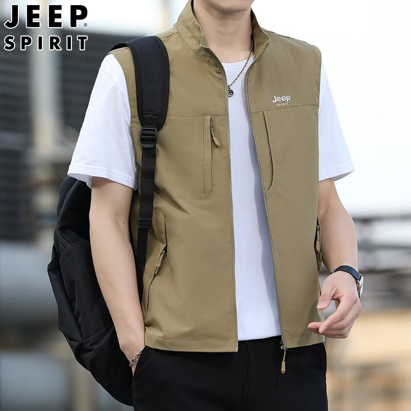 JEEP SPIRIT Men's Spring and Autumn Casual Sleeveless Vest Khaki L