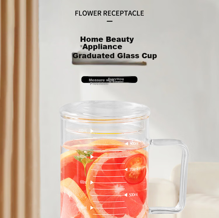 BJ High Borosilicate Glass Cup with Scale Measuring Cup Large Capacity Room Tea Cup Heat-Resistant Children's Water Cup 1000ml 1