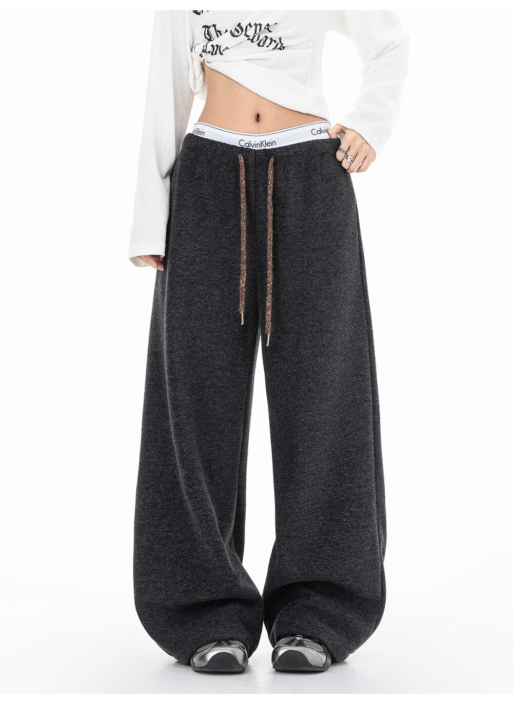 ICH MODE Women's American Style Fleece-Lined Casual Loose Fit Lazy Straight Wide-Leg Sports Pants Thickened Sweatpants Glutinous Rice Color XL 6