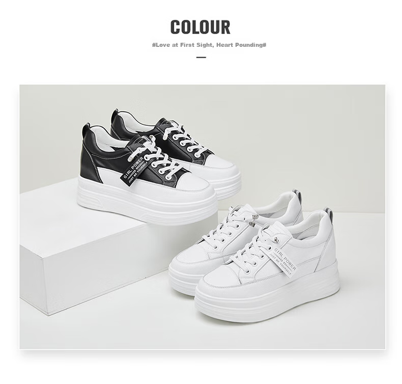 DAPHNE Women's White Leather Versatile Thick-Soled Casual Sneakers with Hidden Heel, Style 4623101013, Black, Size 34 3