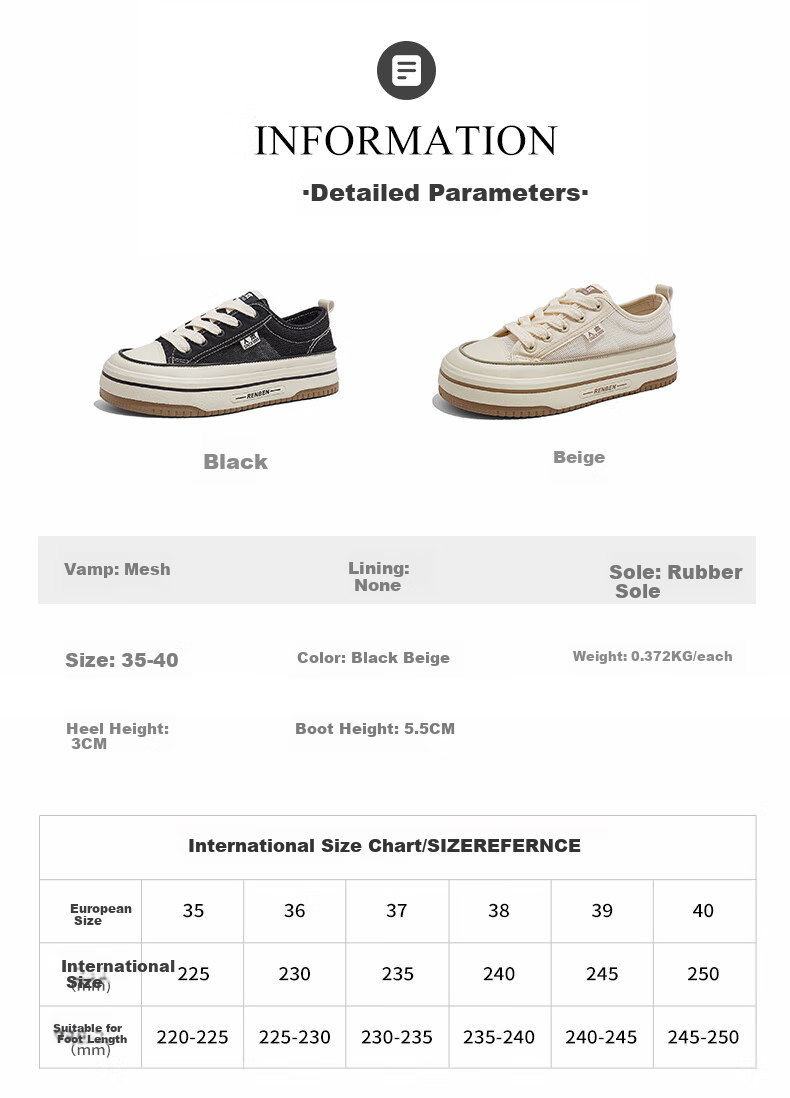 RENBEN Spring And Summer Canvas Shoes for Women, Breathable Mesh Women's Shoes, Thick-Soled Heightening Casual Shoes, Black (Canvas Style), Size 40 4