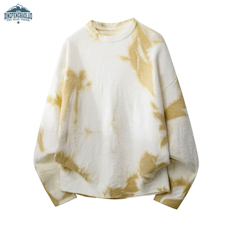 Dingfengbaoluo Tie-Dye Men's Sweater Autumn Winter Trendy Casual Warm Round Neck Cashmere Base Knit CMD16 Beige L