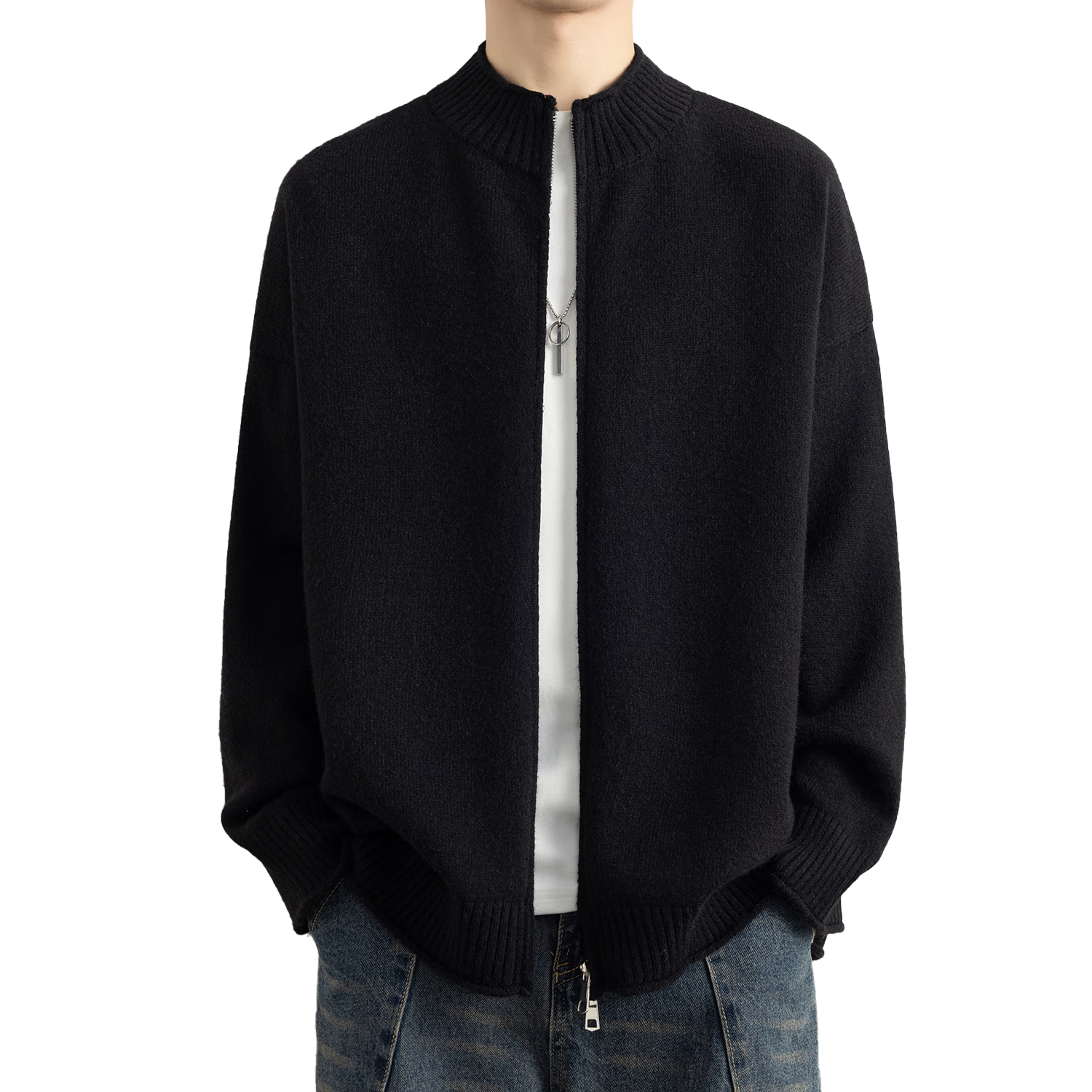 ROMON Men's Autumn Winter Casual Loose Drop Shoulder Knit Cardigan Sweater Stand Collar Jacket ST10 Black 3XL