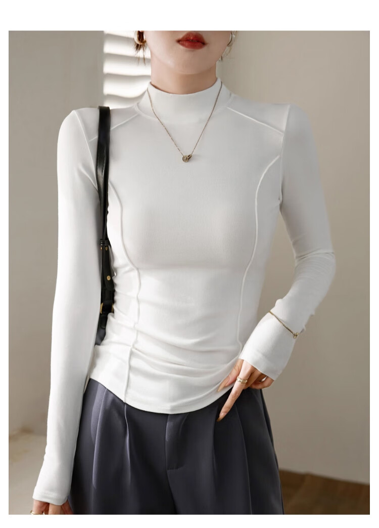 LangSha Women's Semi-Turtleneck Wool and Silk Thermal Slim Fit Herringbone Autumn Winter Base Layer Shirt 17