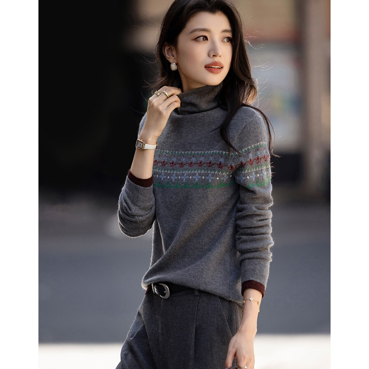 Demana [Qianrou] Winter Retro Fair Isle Jacquard Turtleneck Sweater Comfortable Lazy Knit Top for Women