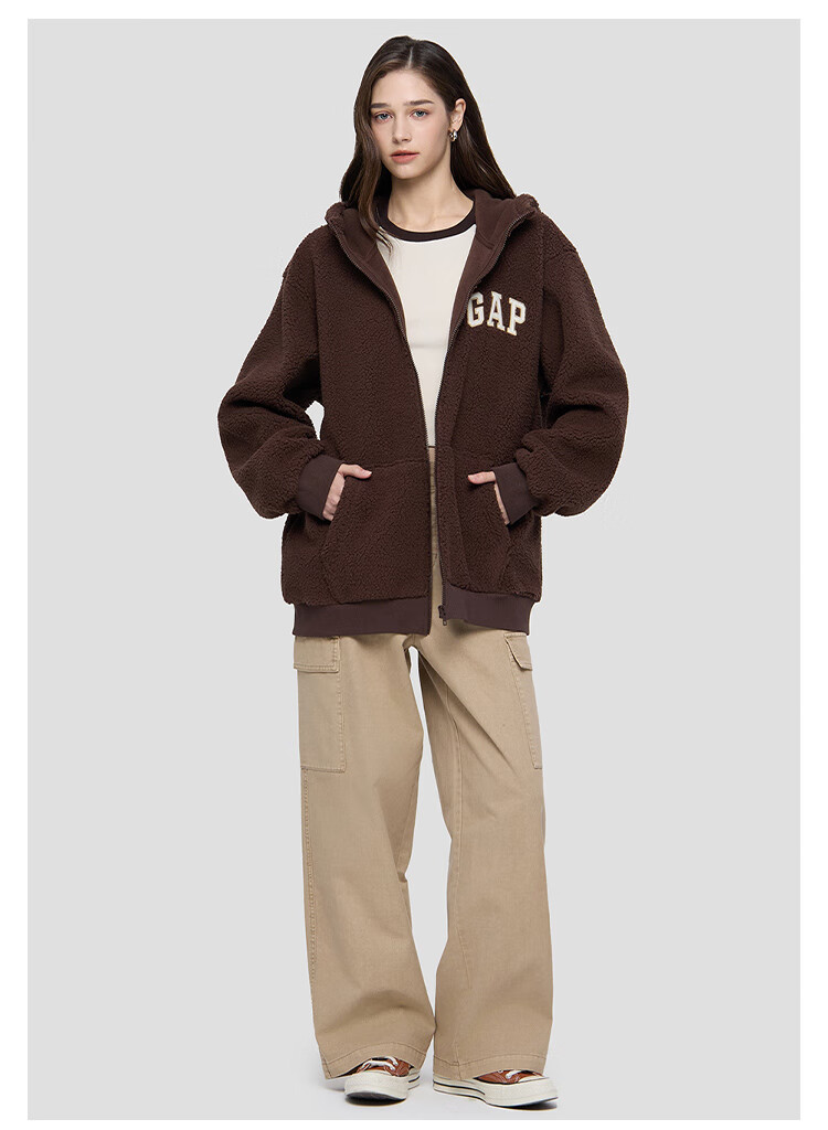 GAP Unisex 2025 Autumn New Logo Embroidered Loose Faux Sherpa Zip-Up Hoodie 786507 4