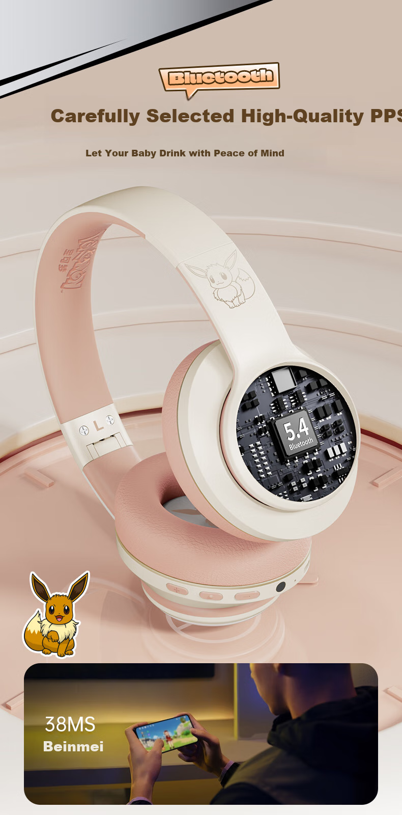 Chenfeng Pokemon Wireless Bluetooth Headphones with Long Battery Life, Gaming, Music, Sports Headphones, Birthday Gift, Compatible with Apple, Huawei, Xiaomi, Universal PM03 Arora Six Tails 8