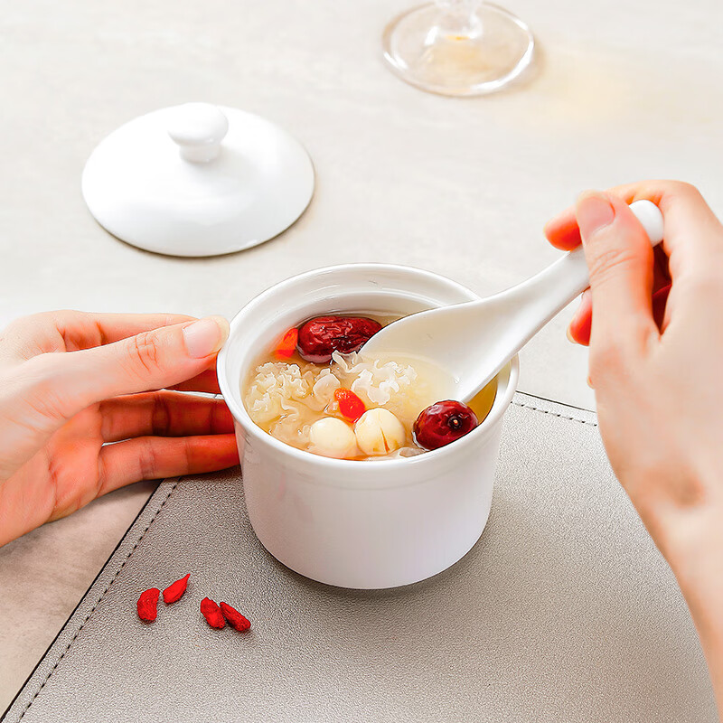 Sky Top Ceramic Bowl with Lid Stew Pot Bone China Double Boiler Soup Bowl Steamed Egg Custard Bird's Nest Bowl Household Single Serving Pure White 250ml
