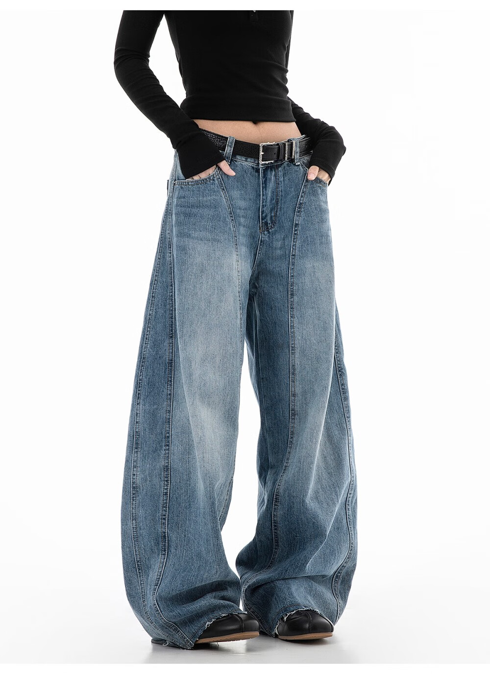 ICH MODE Women's American Vintage Washed Denim Jeans Spring Autumn Loose Straight Leg Curved Cut Casual Wide Leg Pants Blue XL 5