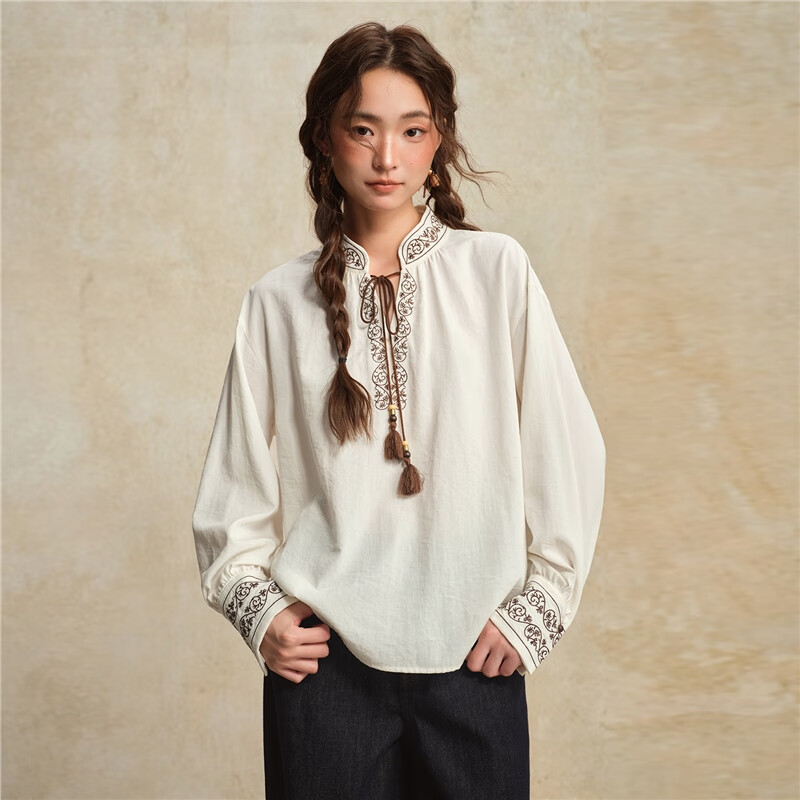 Giordano Designer Women's New Chinese Style Embroidered Tie-Up Stand Collar Loose Long Sleeve Shirt 18345828
