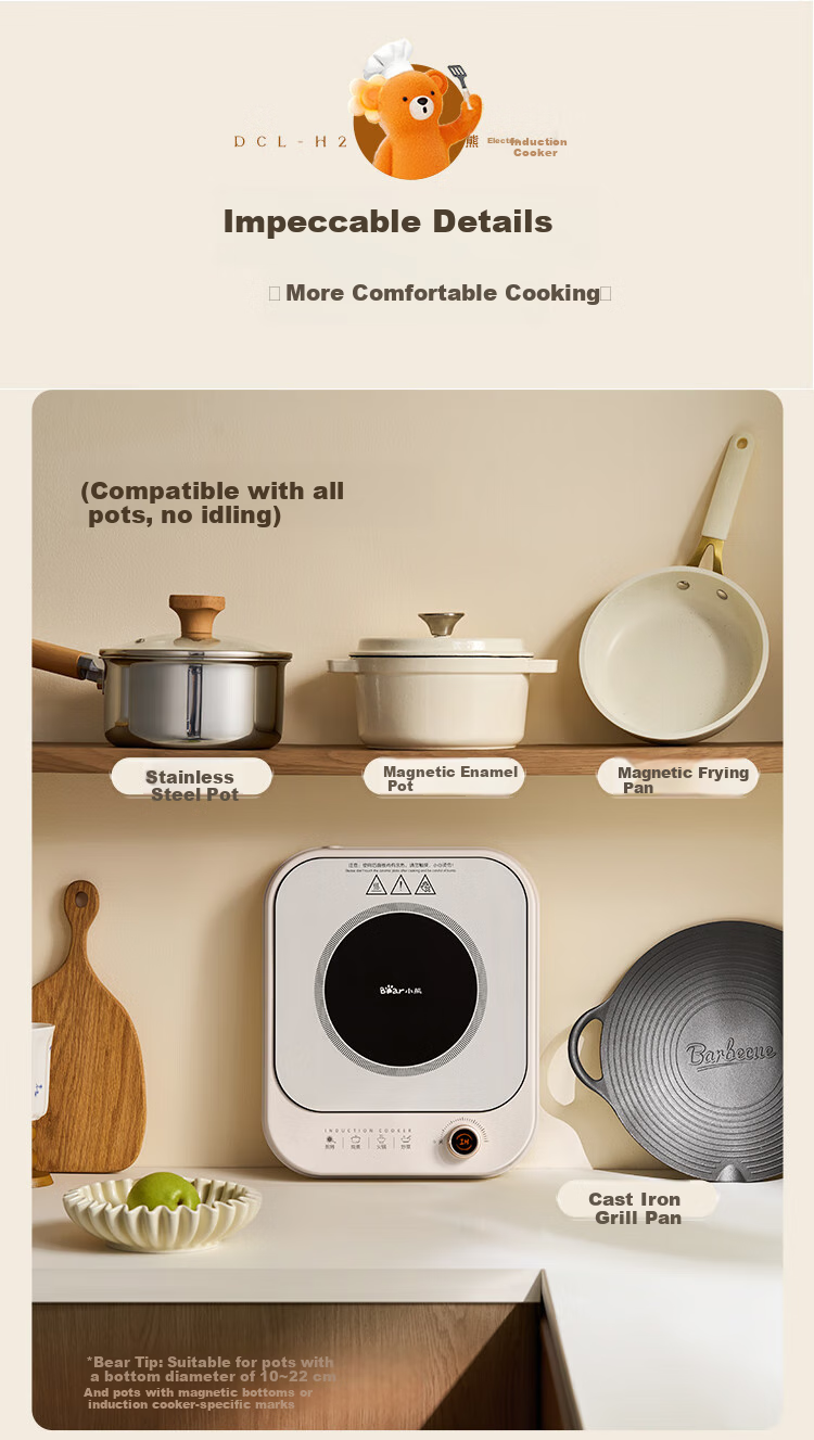 Bear Household Induction Cooker, Battery Stove, 2200W High Power, Intense Heat for Stir-Frying, Smart Touch Control, Waterproof Panel, 8 Heat Settings, Slim Design, Induction Cooktop, Hot Pot Stove, DCL-B22H5 12