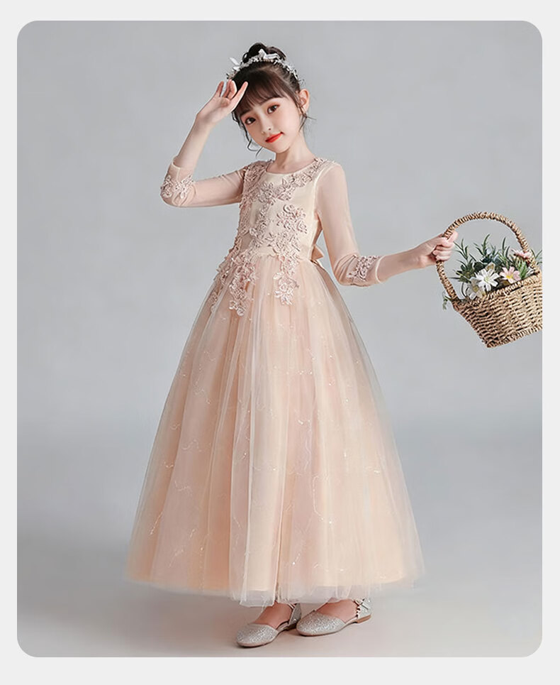 Carfit Girls Princess Dress Spring Autumn Long Formal Dress Birthday Party Piano Host Performance Dress Pink 170 4