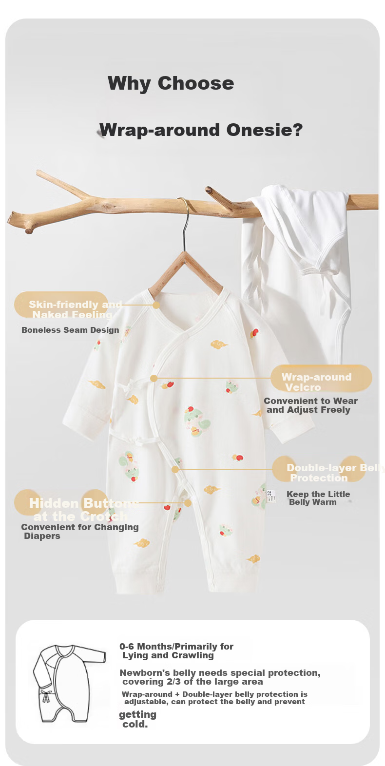 Aibaoshi Baby Clothes, Pure Cotton Spring And Autumn Newborn Onesie, Infant Romper, Monk Outfit, 2-Piece Set N036, Size 59 15