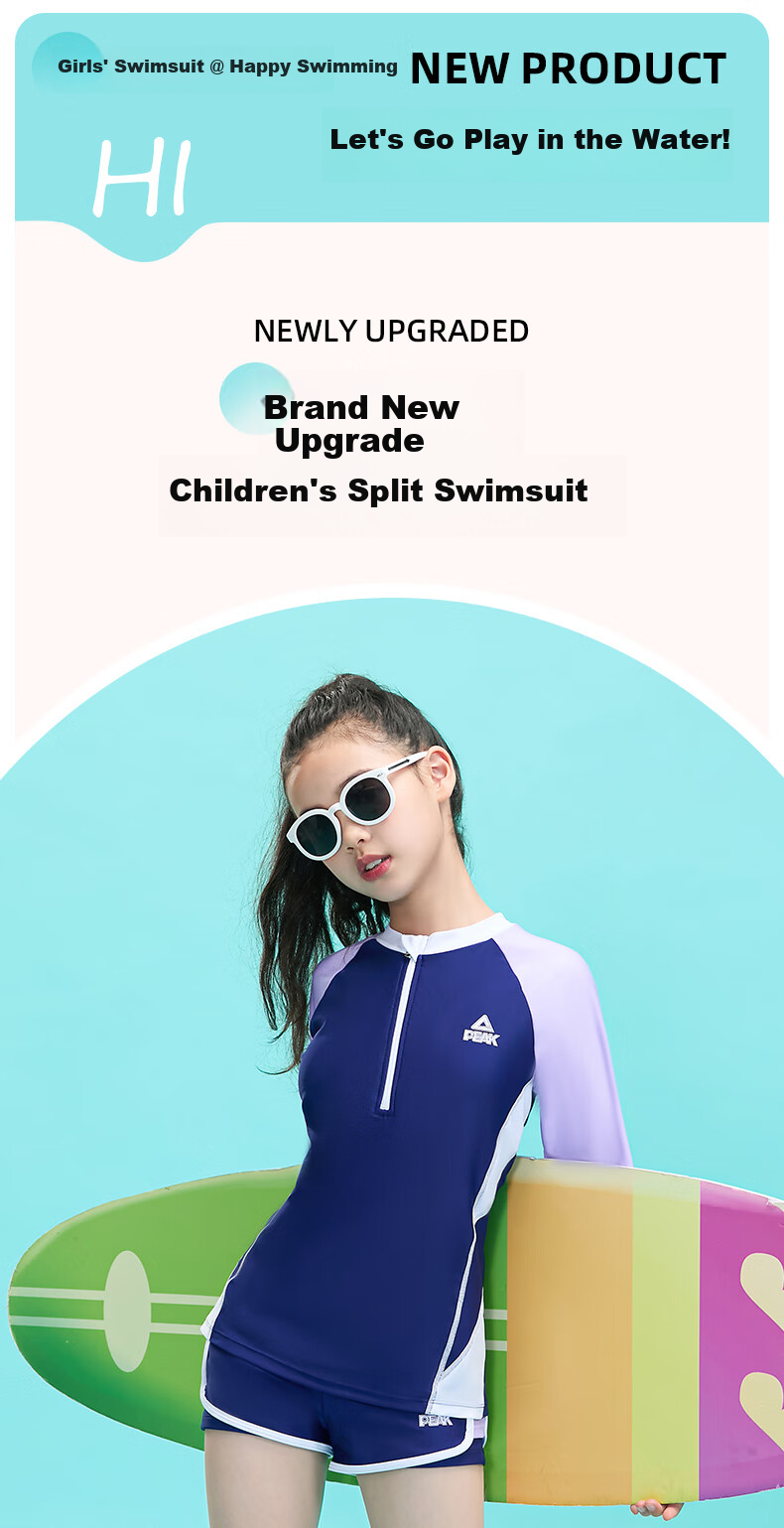 PEAK Children's Swimsuit, Girls' Color-Block Long-Sleeve Two-Piece Swimwear, Conservative Casual Style, Purple, Size 150 1
