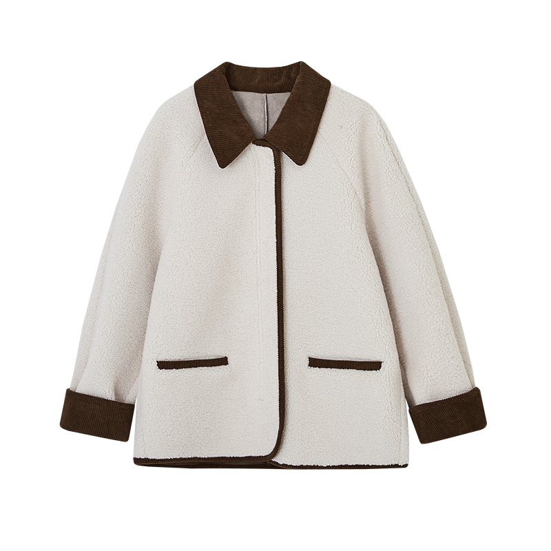 Demana [Layered Aesthetics] Winter Design Faux Lambswool Patchwork Corduroy Colorblock Lapel Loose Warm Coat