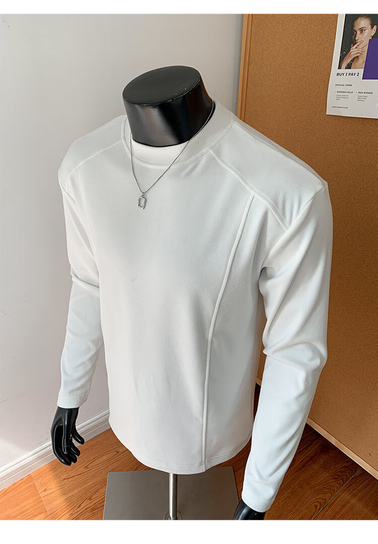 CLOR Patchwork Double-Sided Velvet Long Sleeve T-Shirt Men Spring Autumn Warm Pullover Crew Neck Base Layer CXT06 Black L 11