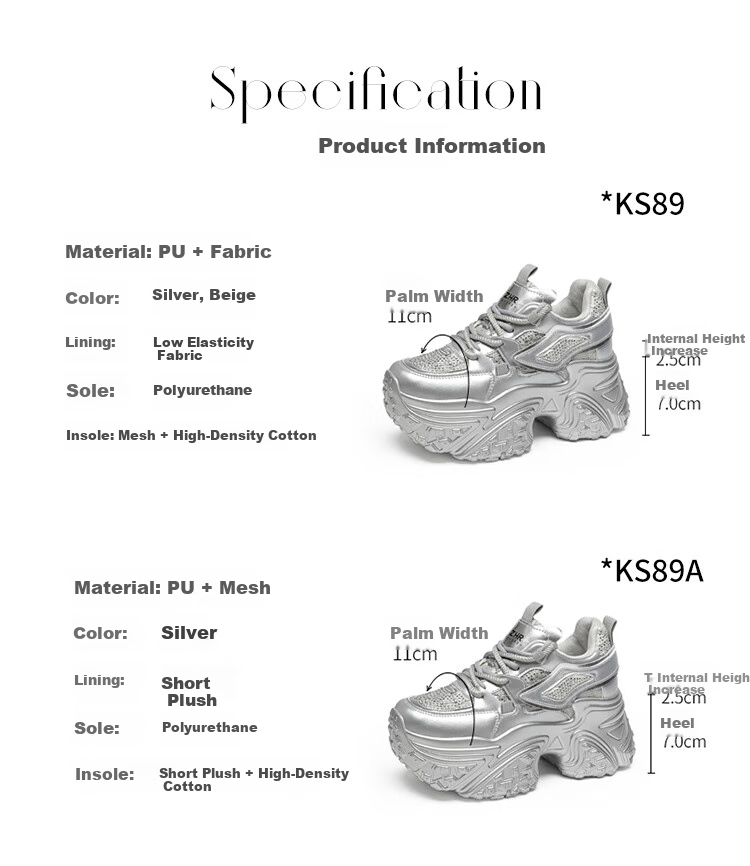 ZHR Dad Shoes for Petite Women, Thick-Soled Height-Increasing Casual Shoes with Platform Soles And Breathable Design, KS89 Silver Color, Size 35 4