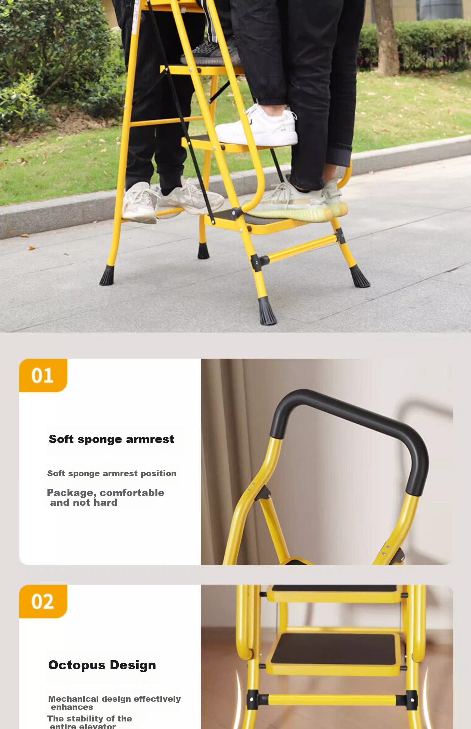 Cenggao Household Folding Ladder with Handrail, Indoor Step Ladder, Lemon Yellow Tool Tray, 5 Steps, 26*38 Tread Ladder 30