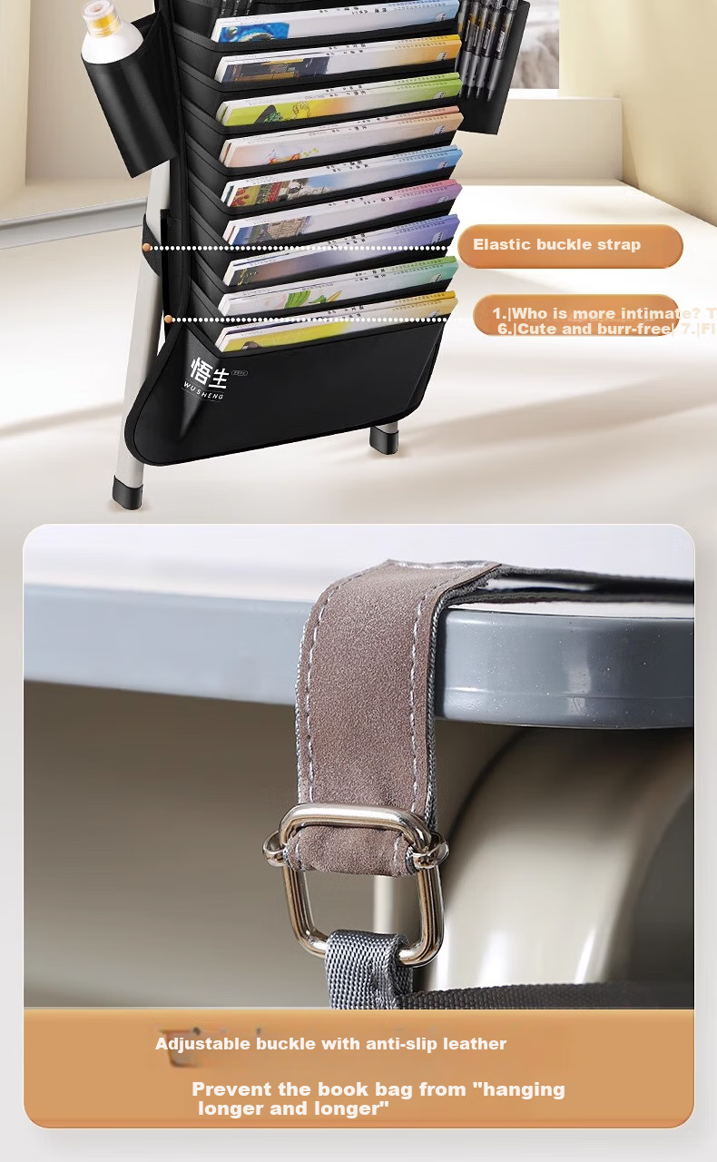 Wusheng Hanging Book Bag for High School And Middle School Students, Desk Organizer, Student Side Hanging Bag for Desks, Classroom Bookshelf, Desktop Storage Rack, Book Holder, Thickened Dustproof Pure Black 9