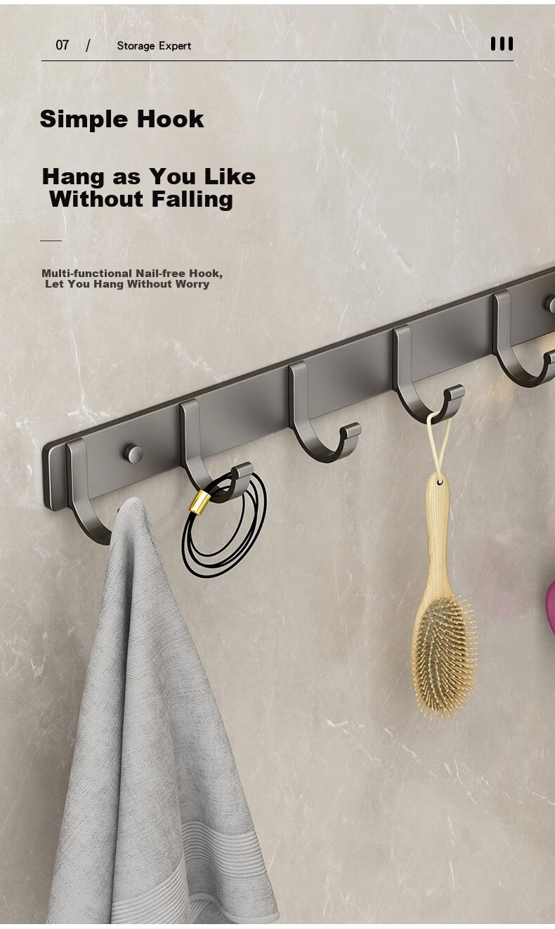 100-Character No-Drill Kitchen Hook Strong Space Aluminum Adhesive Hook Over Door Clothes Hook Bathroom Rack 11