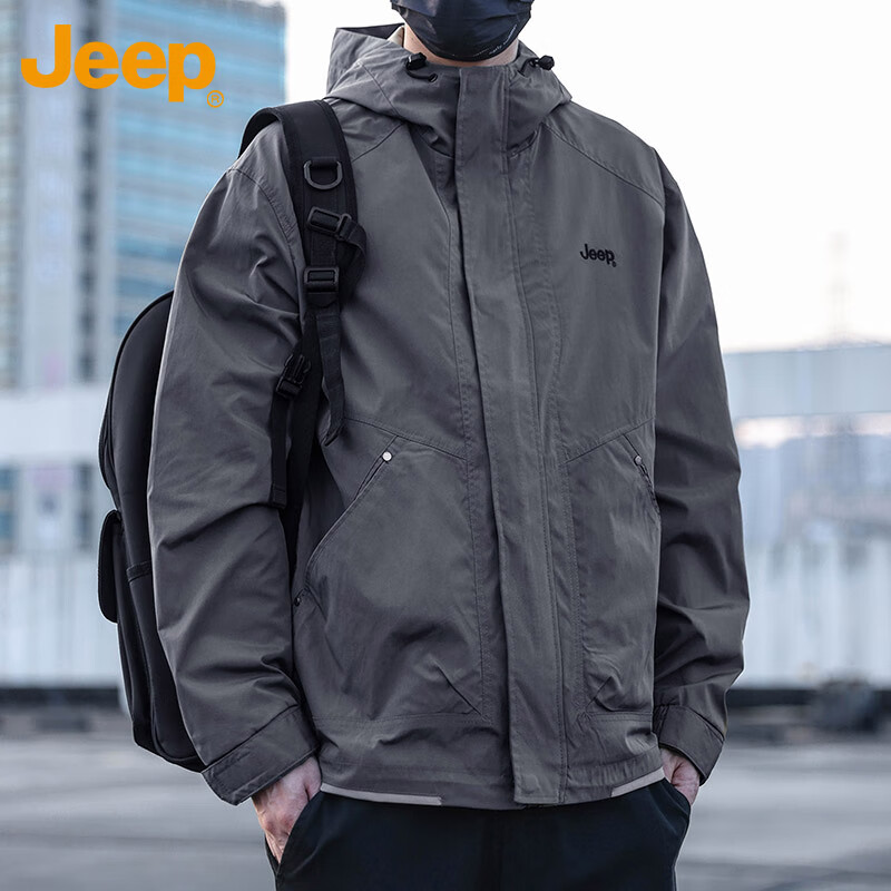 JEEP Men's Spring Autumn Hooded Jacket Casual Trendy Gray XL