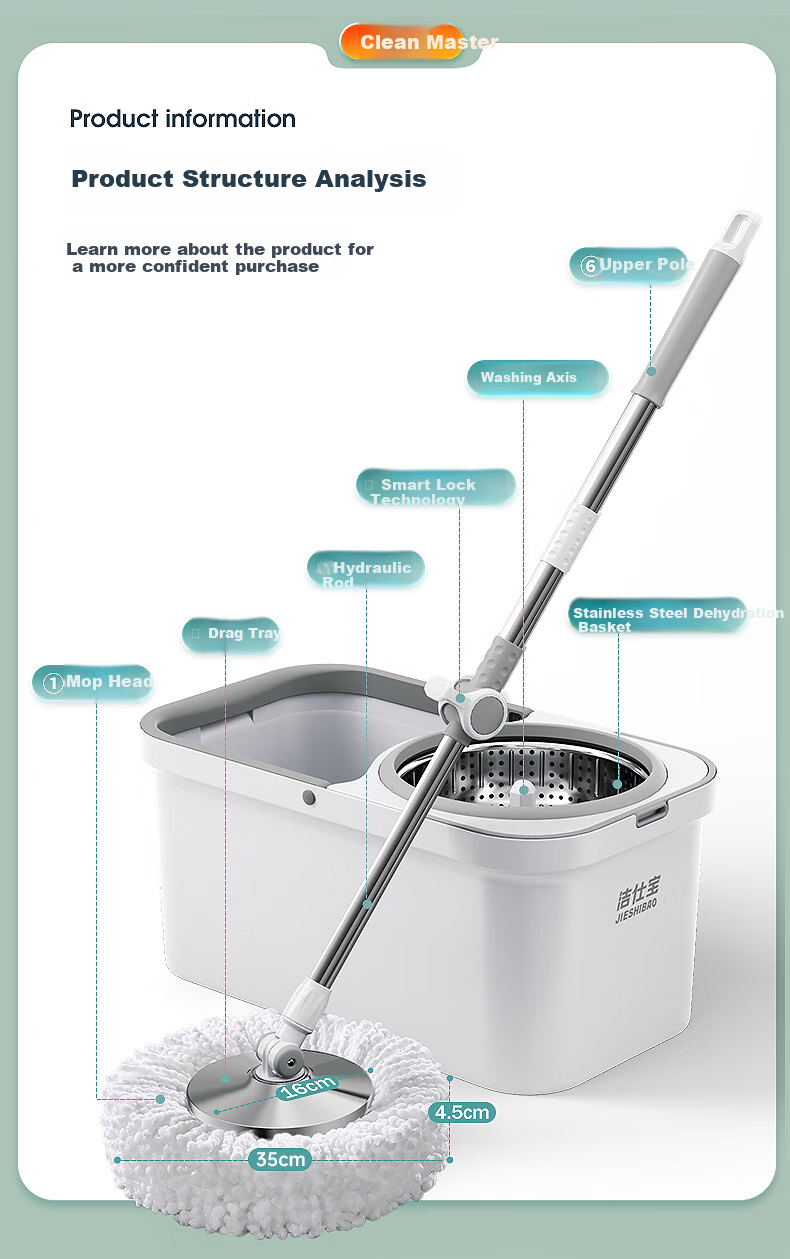 Jieshibao 42cm Rotating Mop Bucket Set with 5 Cloths, Hydraulic Rod, Hands-Free Washing, Dual-Drive Mop, Integrated Washing and Dehydration 8