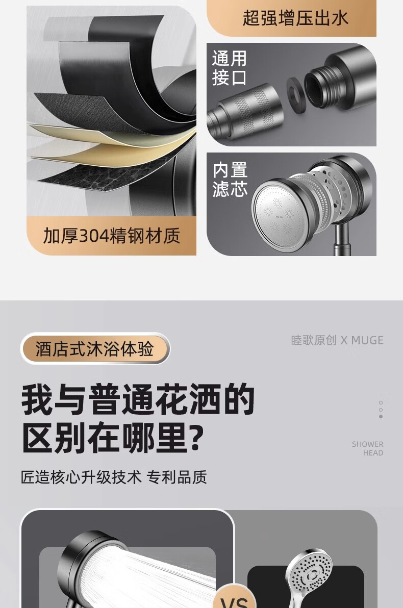 MUGE Stainless Steel Filter High-Pressure Shower Head Universal Strong Pressure Handheld Shower Sprayer 2
