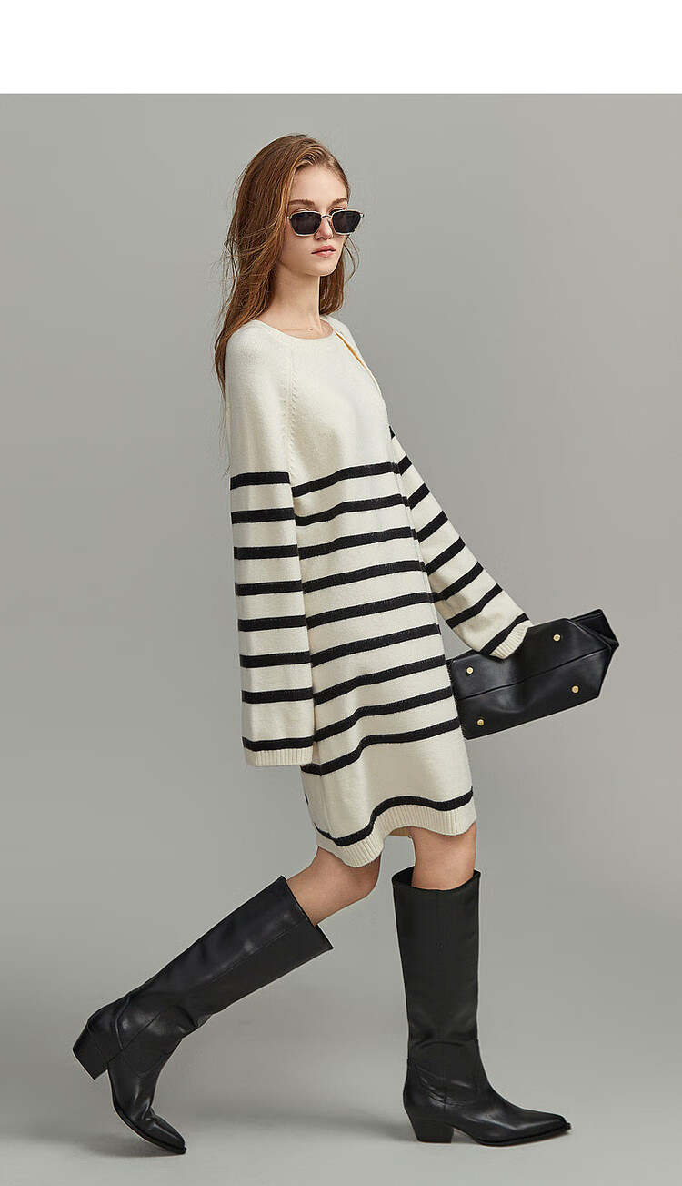 Demana Minimalist Spring Autumn Crew Neck Striped Velvet Yarn Straight Asymmetric Button Mid-Length Dress for Women 6