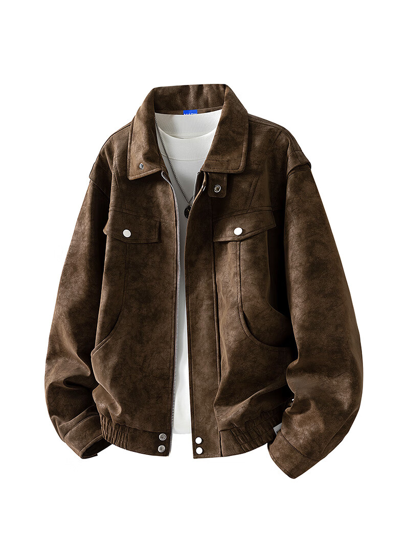 MARK FAIRWHALE Men's Turn-down Collar Jacket Autumn New Trendy Casual Retro Workwear Leather Coat Men's Outerwear Bean Green XL 12