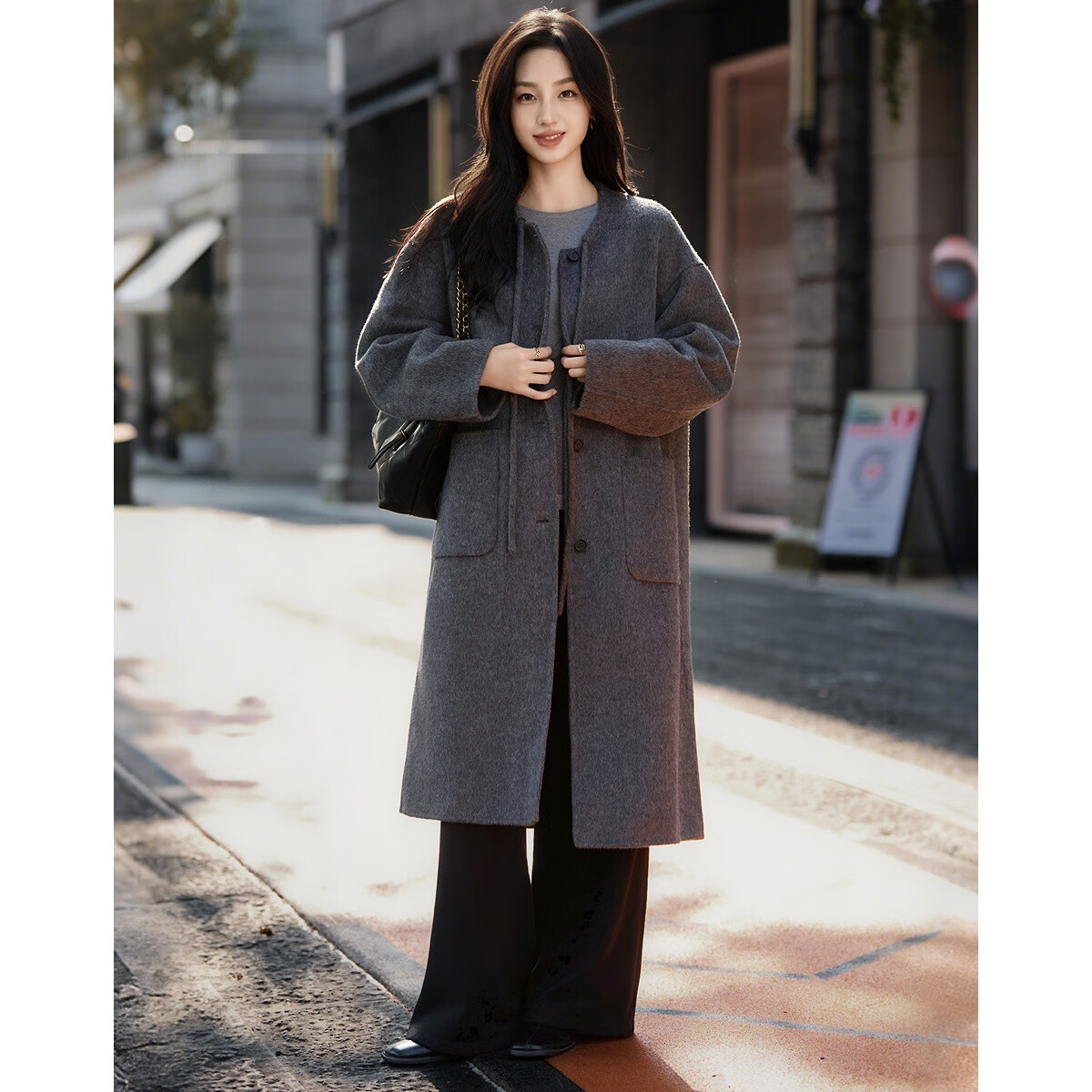 Dme 100% Wool Double-Faced Woolen Coat Winter Luxury Round Neck Ribbon Long Women's Woolen Overcoat