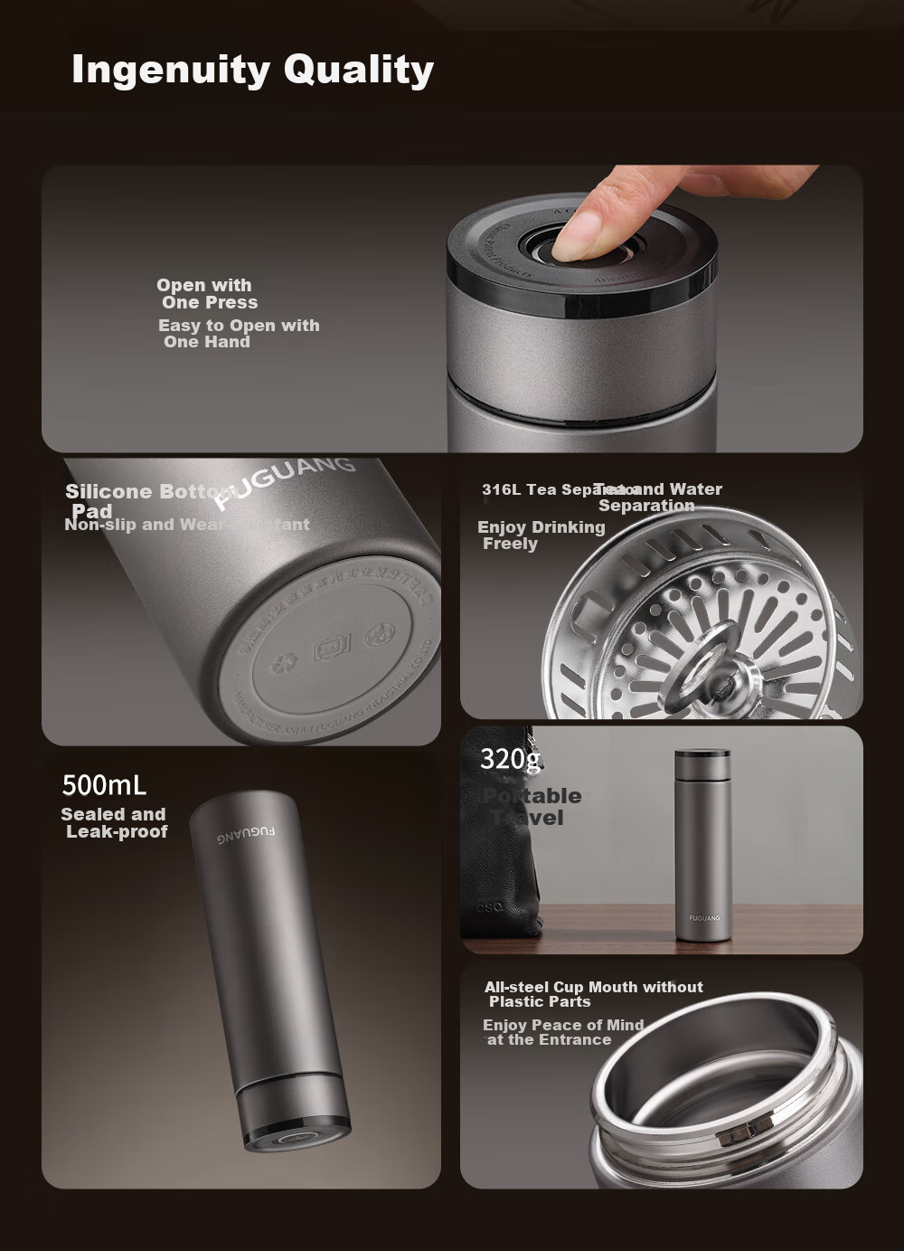 Fuguang Car One-Touch Lid-Opening Insulated Mug, Tea-Water Separation, 316L Stainless Steel Tea Infuser Cup, Cold-Keeping Cup, Business Water Bottle 3