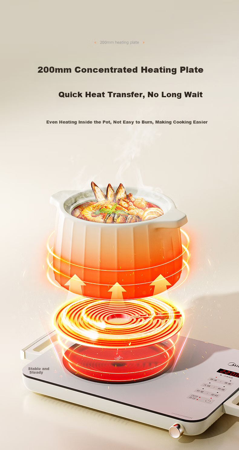 Midea Ceramic Cooker with Tea Brewing Function, Induction Cooker for Home Use, Ultra-Thin 38mm New Large Panel, 2200W High Power, Electromagnetic Stove for Hot Pot And Stir-Frying, Electric Cooker HW22EF01 8